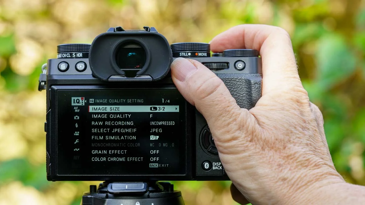  The controls on the right side of the back of the Fujifilm X-T5 are all within easy reach. In this image, my thumb is on the AF-On button. 