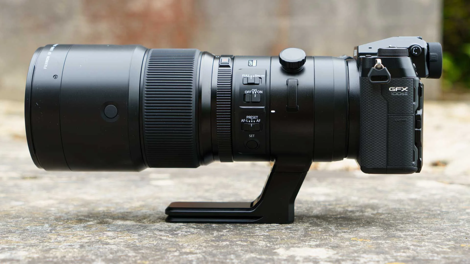  The Fujifilm Fujinon GF 500mm F5.6 R LM OIS WR is shown here without its lens hood and mounted on the Fujifilm GFX100S II. 