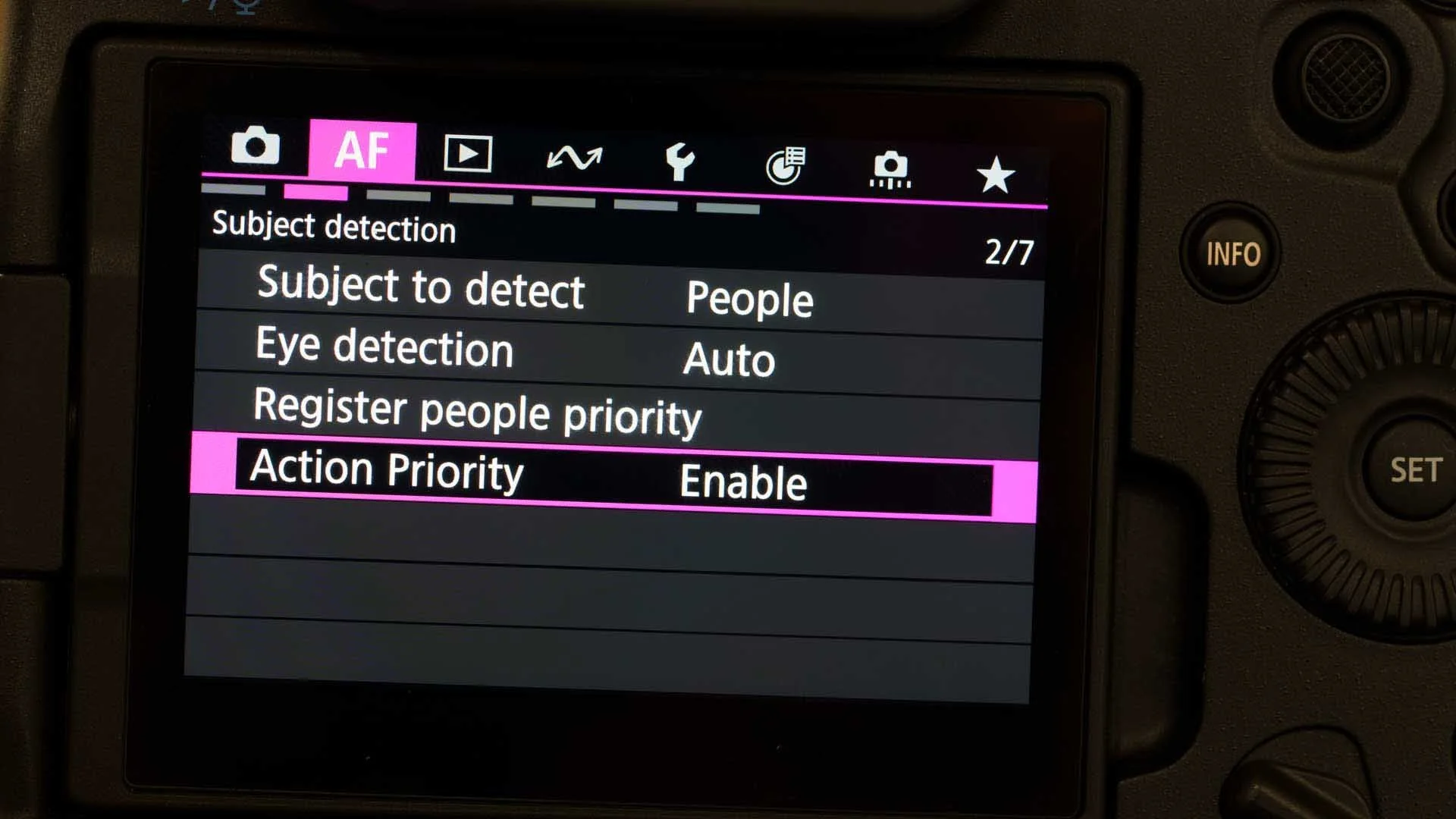  There’s a new Action Priority mode in the second page of teh AF section of the Canon R1’s menu. 