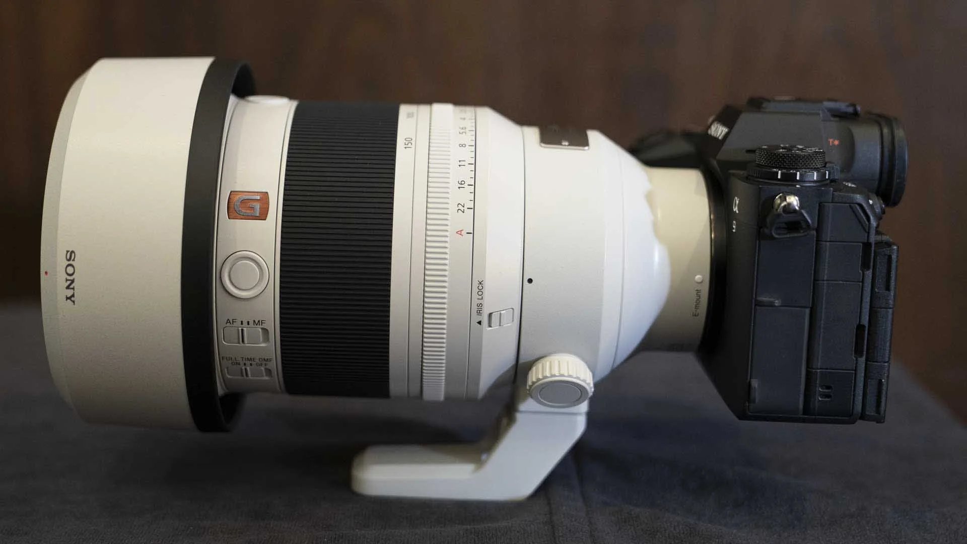  The Sony FE 50-150mm F2.0 GM seen here with its hood in the reverse position for transport and mounted on the Sony A9 III. 