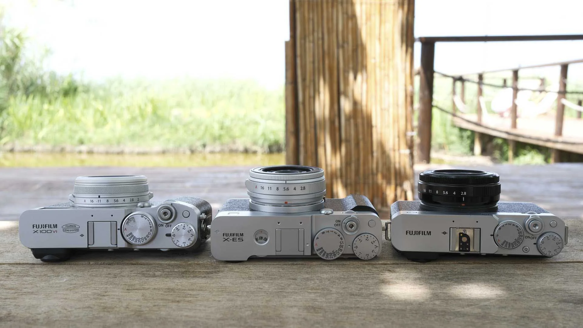  From left to right, The Fujifilm X100VI, X-E5 (with the new XF 23mm F/2.8 R WR lens) and X-E4 (with the XF 27mm R WR lens). 