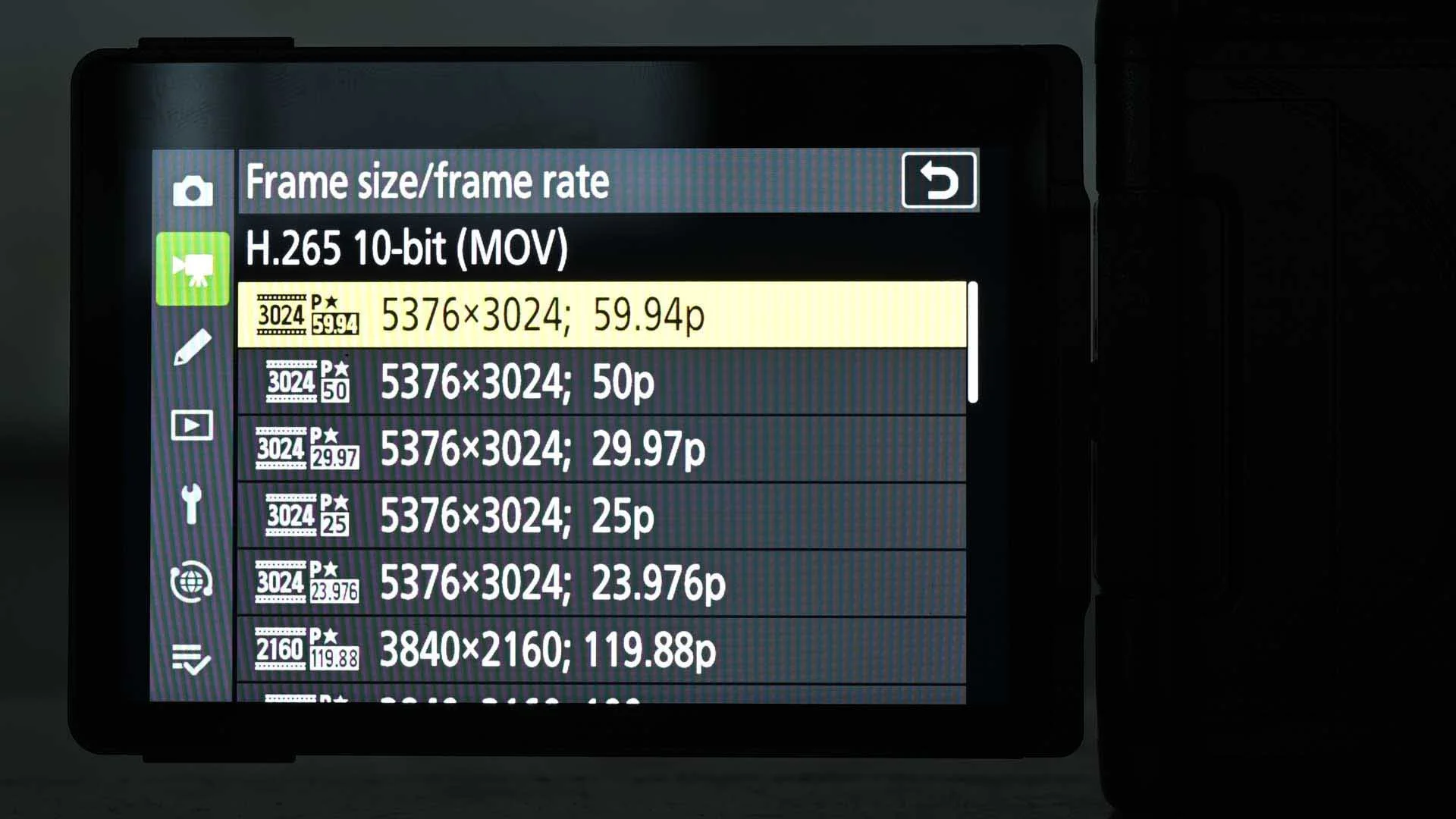 The Nikon ZR has an extensive array of video resolutions and frame rates. 