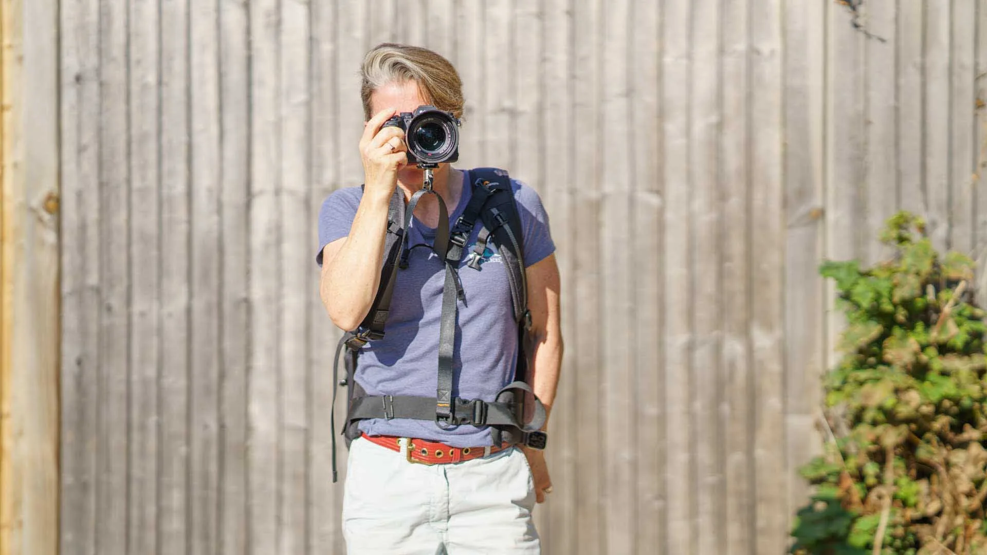  The 3 Legged Thing Axis Anywhere is an uncomplicated way of carrying a camera while wearing a backpack.  