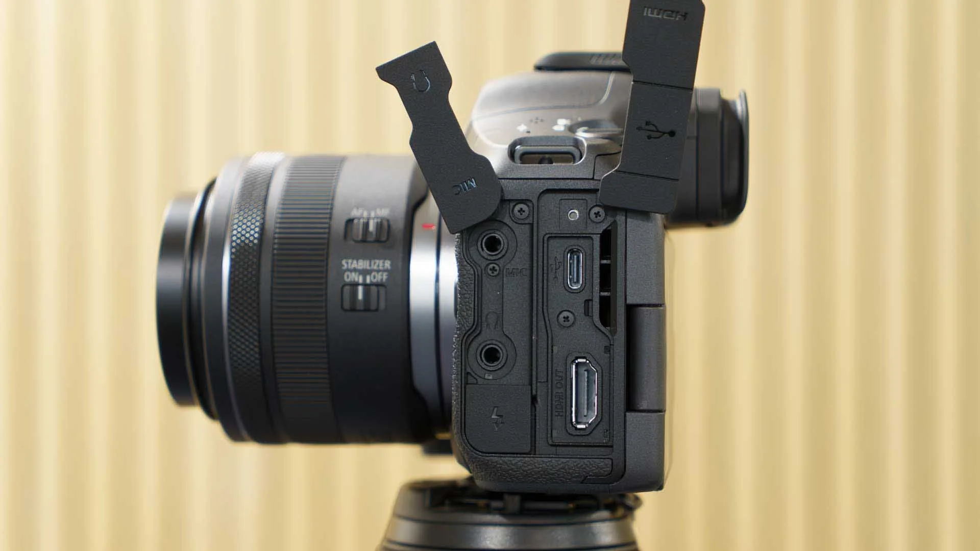  Unlike the Canon R%, the Canon R5 II shown here has a full-size HDMI port. 