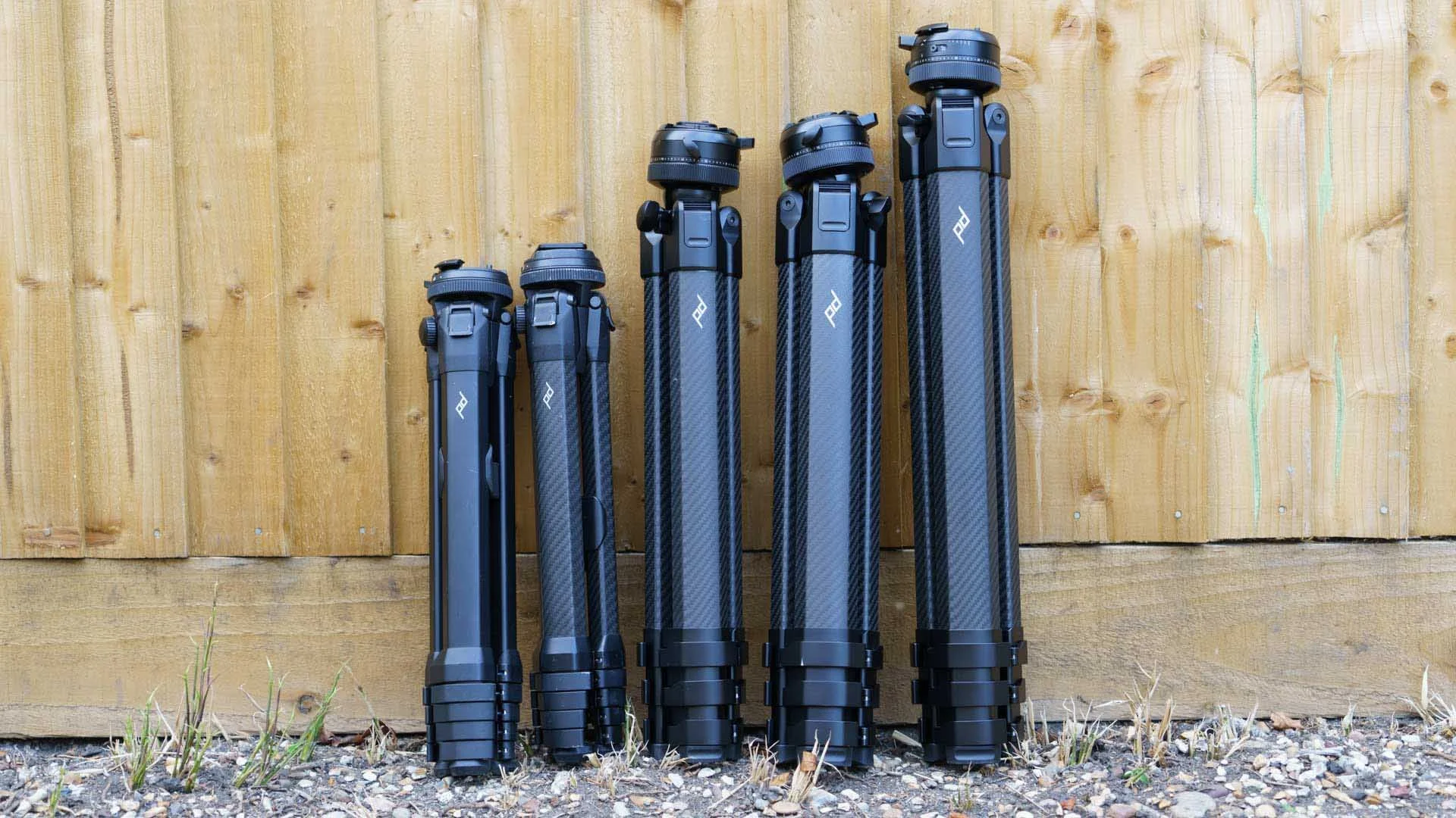  From left to right, the Peak Design Travel Tripod Aluminium, Travel Tripod Carbon Fibre, Peak Design Pro Tripod Lite, Pro and Pro Tall. 