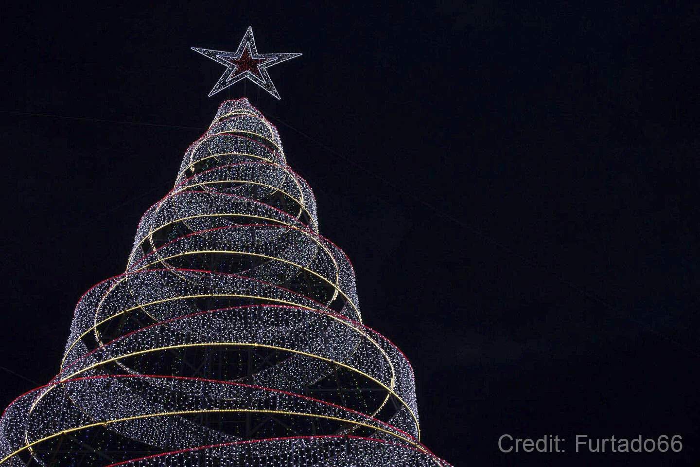 Decorated Christmas tree with lights and star on top at night.