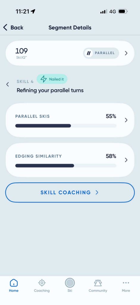 Segment Details screen showing Ski:IQ score of 109 for Parallel, with progress bars for Parallel Skis at 55% and Edging Similarity at 58%, plus a Skill Coaching button.