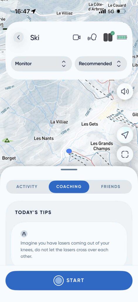 Live ski map view with coaching mode selected, showing trail map around Les Gets, monitor and recommended controls, and a Start coaching button with today’s tip visible.