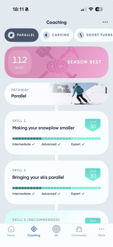 Coaching screen showing a season best Ski:IQ score of 112 for Parallel, with skill cards for snowplow size and bringing skis parallel, both marked Level 30.
