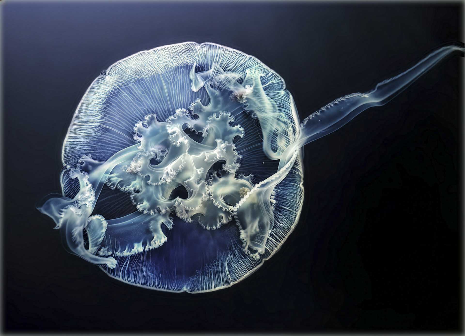 Translucent jellyfish floating in dark water, its delicate frilled structures and tentacles glowing softly.