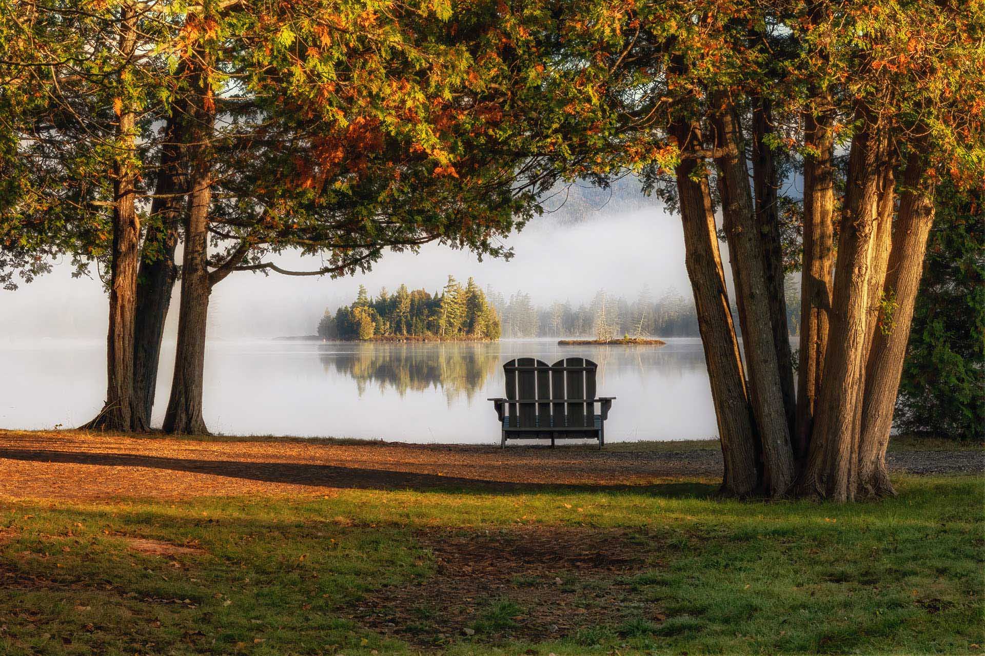 Empty twin bench seat by a lakeside framed by trees with a small forested island in the distance.