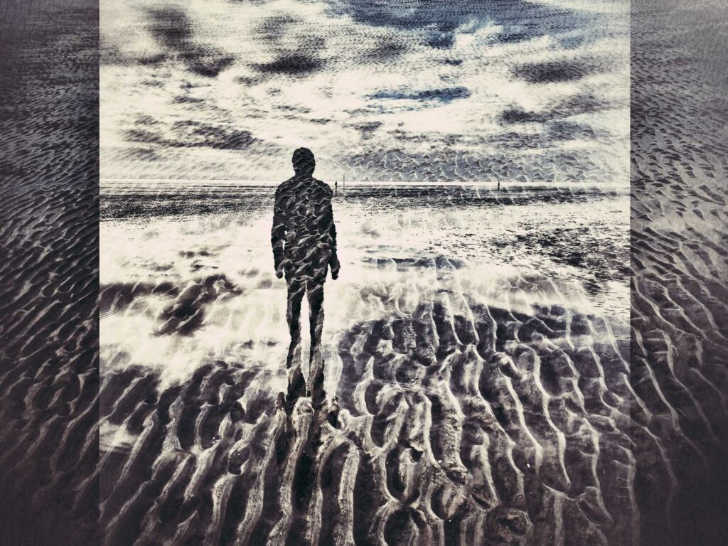 Central iron figure facing the sea, merged with high-contrast sand ripple patterns radiating outward in a textured multiple exposure.