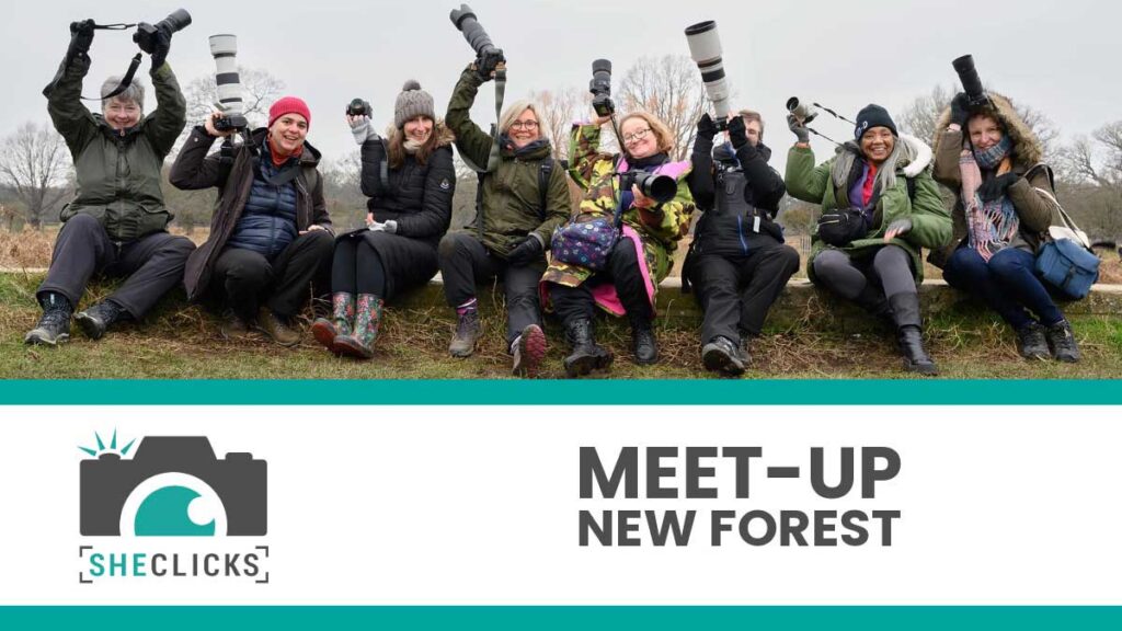 Group of women sitting outdoors holding large telephoto cameras, smiling in winter clothing; banner below shows SheClicks logo and text “MEET-UP NEW FOREST”.