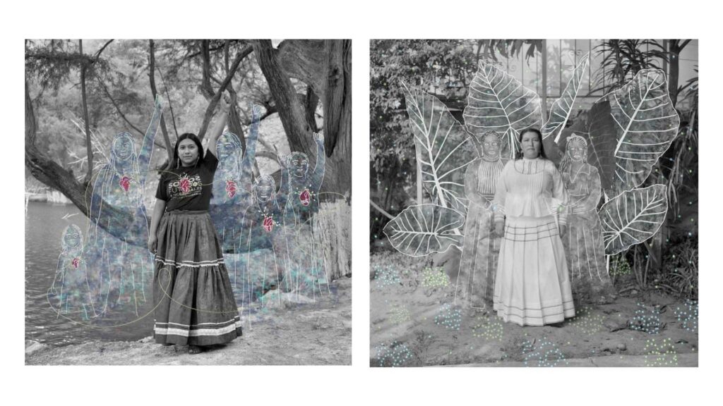 Black-and-white diptych of two women with translucent drawn figures and plants surrounding them.
