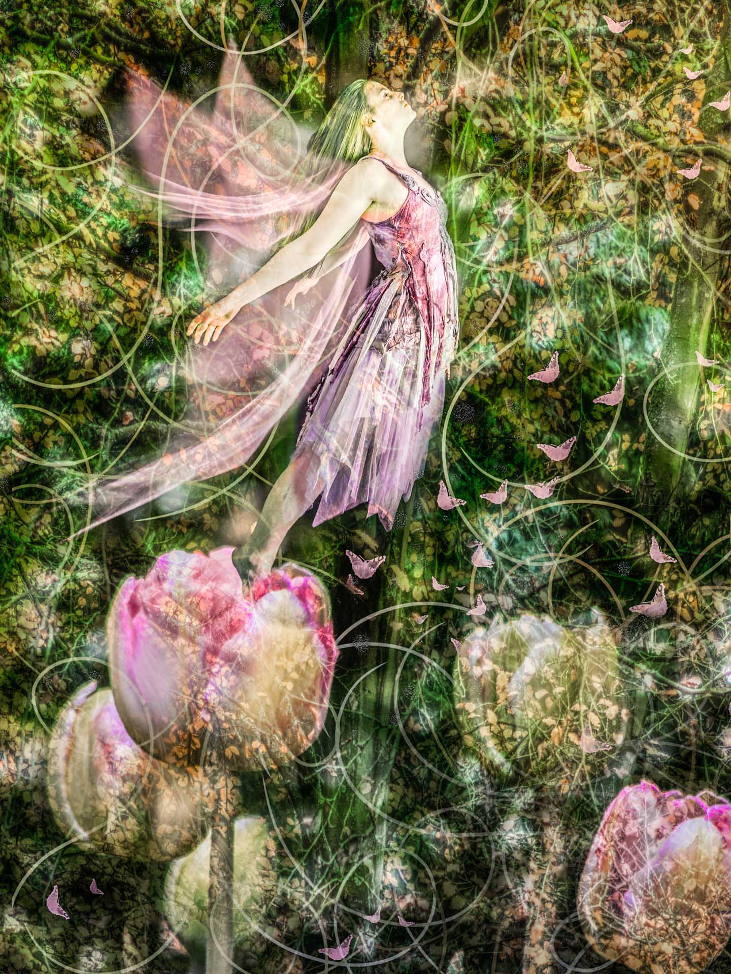 Fantasy scene of a winged woman in a flowing dress floating above flowers and foliage with glowing, swirling patterns.