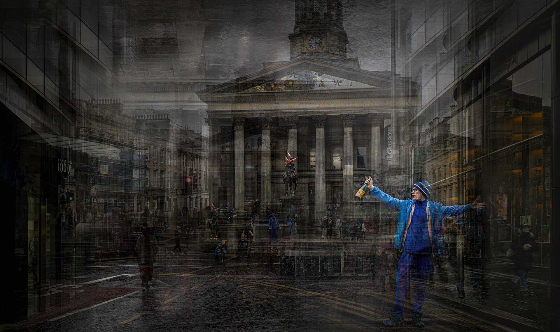 Layered urban scene with a classical building and a person holding a bottle, blended with reflections and city textures.