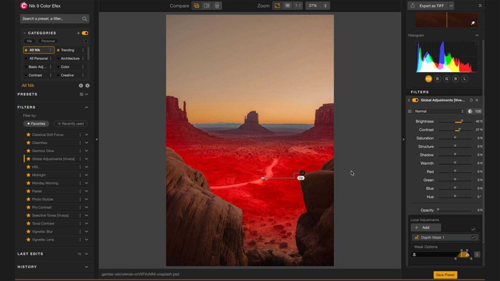 Nik Color Efex interface showing a desert landscape at sunset with a depth mask applied, highlighting the foreground in red and adjustment sliders on the right.