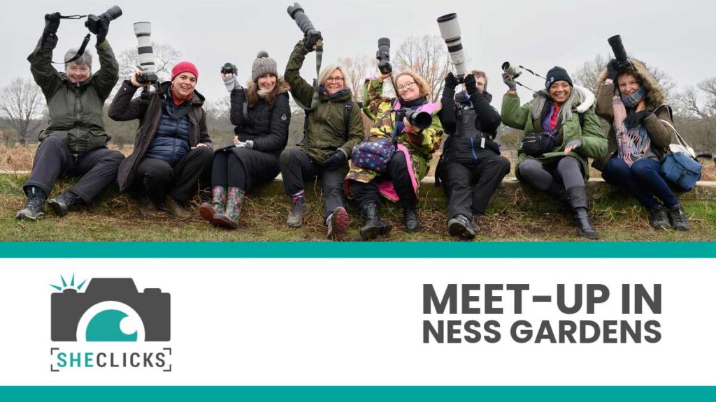 Group of female photographers sitting outdoors holding cameras with long telephoto lenses, above the SheClicks logo and the text “MEET-UP IN NESS GARDENS.”