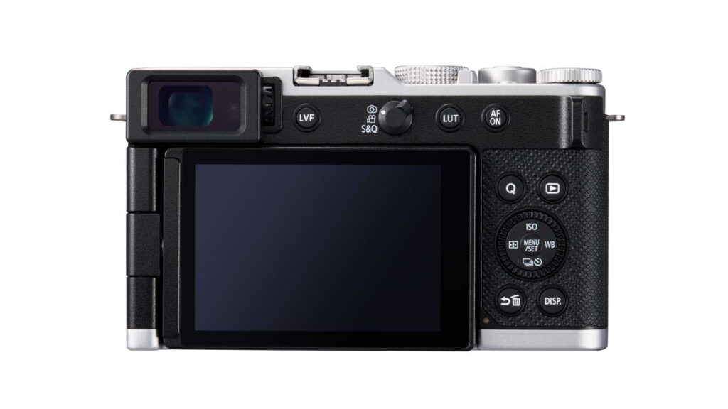 Rear view of the Panasonic Lumix L10 showing the LCD screen, electronic viewfinder, and control buttons on a white background.