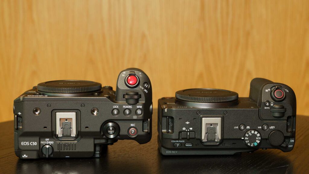 Top view comparison of the Canon EOS C50 and Canon EOS R6 V camera bodies. The EOS C50 includes more dedicated cinema controls and a larger recording button layout, while the EOS R6 V maintains a hybrid mirrorless-style design.