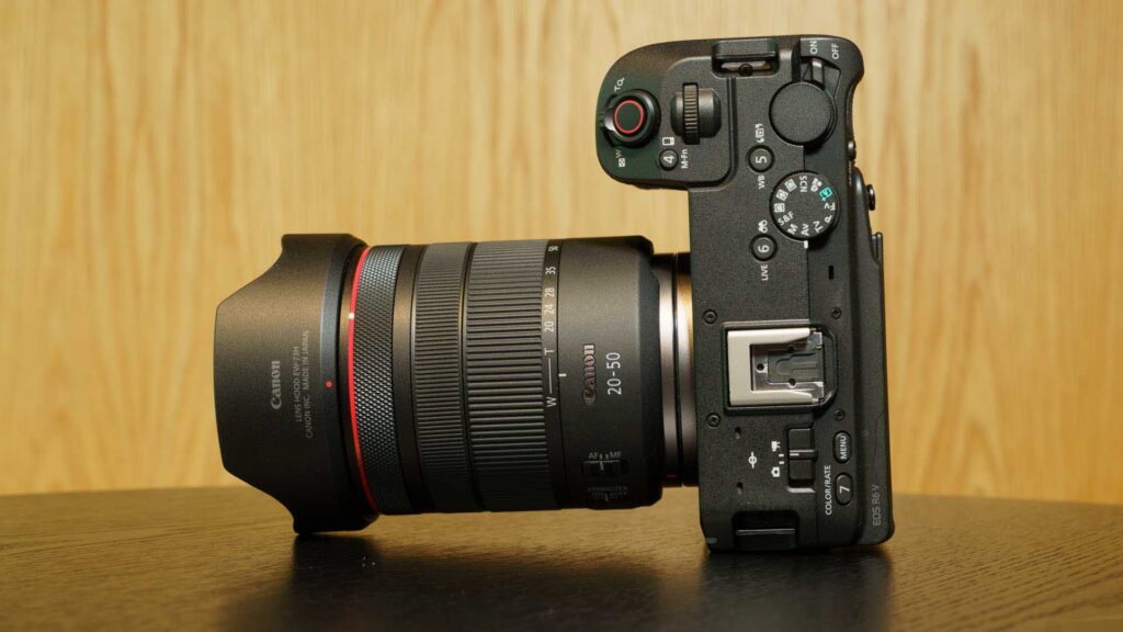 Top-down view of the Canon EOS R6 V with Canon RF 20-50mm F4L IS USM PZ lens attached, showing the mode dial, hot shoe, and zoom markings.