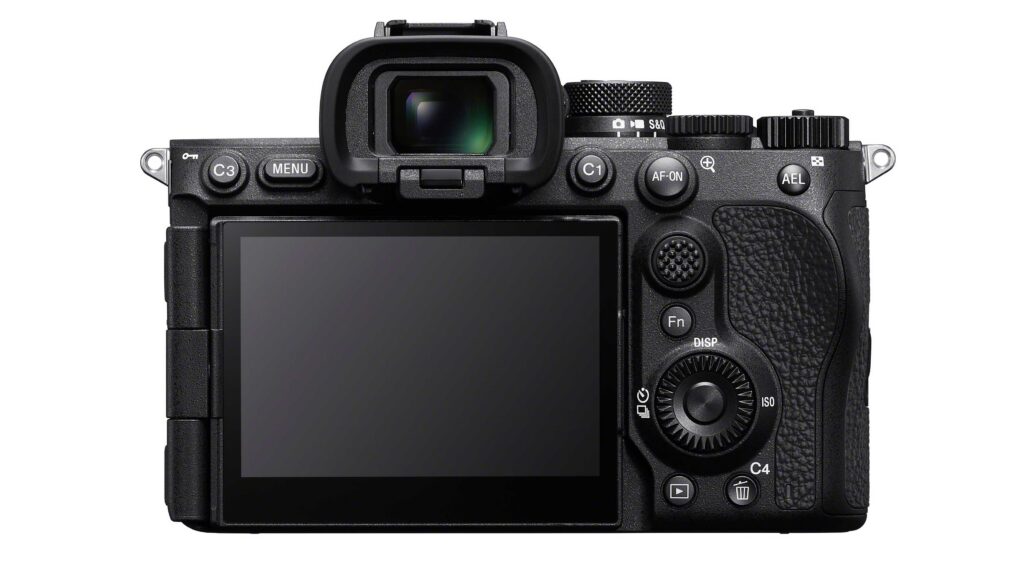 Rear view of the Sony A7R VI camera body showing the electronic viewfinder, LCD screen, control buttons, and textured grip on a light gray background.