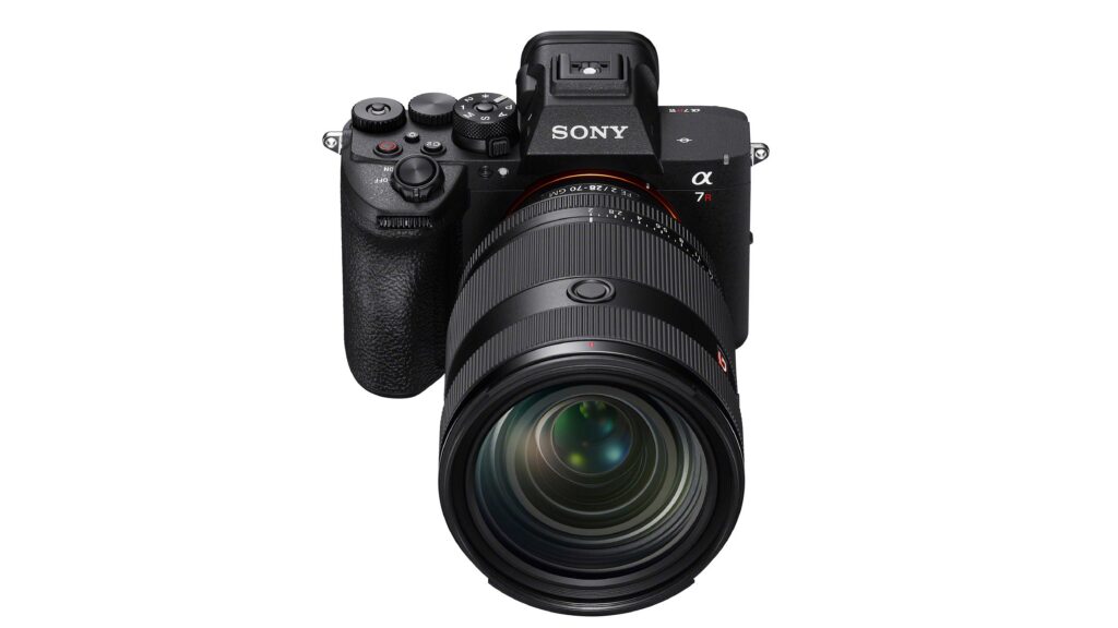 Front view of the Sony A7R VI mirrorless camera fitted with a large Sony G Master lens, centered against a light gray background.