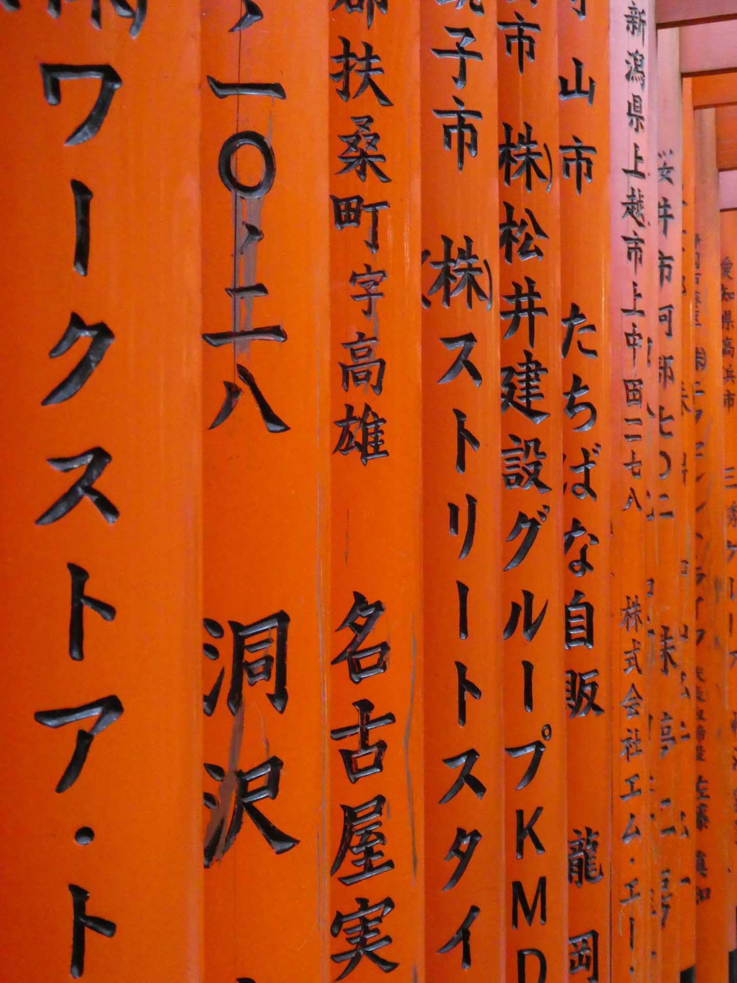 Close-up of orange torii gates with black Japanese inscriptions arranged in perspective.