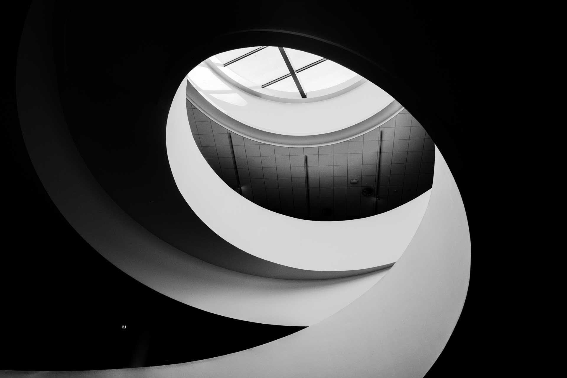 Black and white abstract view of curved architectural forms surrounding an oval skylight.