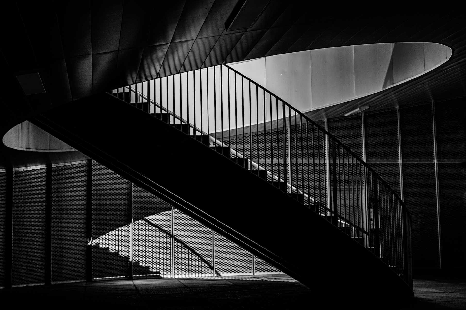 Black and white architectural scene with a staircase and dramatic shadows creating abstract shapes.