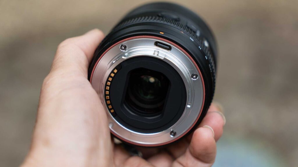 Rear view of the Viltrox AF 35mm F1.8 II FE lens showing the Sony E-mount, electronic contacts, and USB-C port for firmware updates.