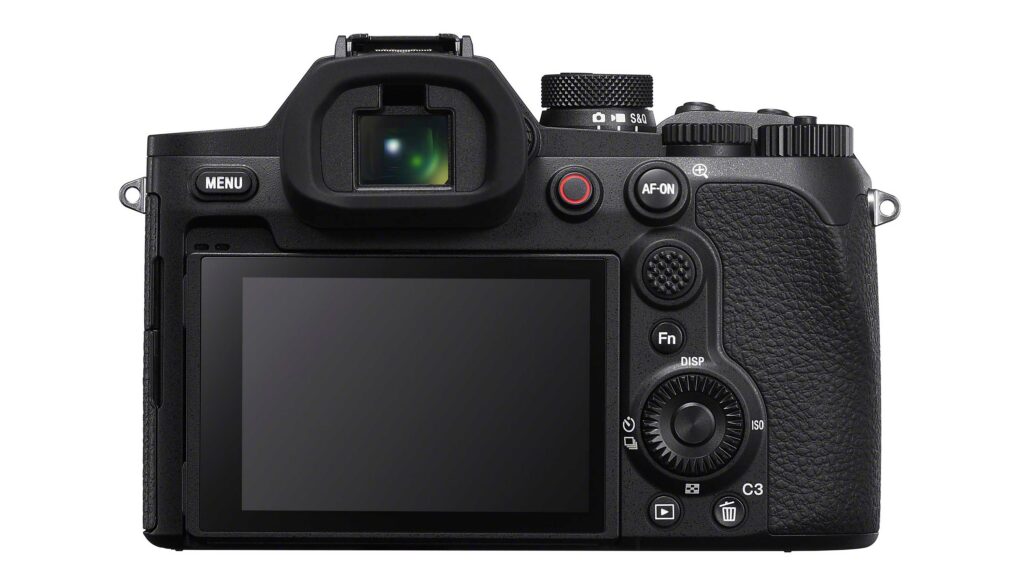 Rear view of the Sony RX10 V showing the electronic viewfinder, large LCD screen, AF-ON button, joystick, control dial and custom buttons.