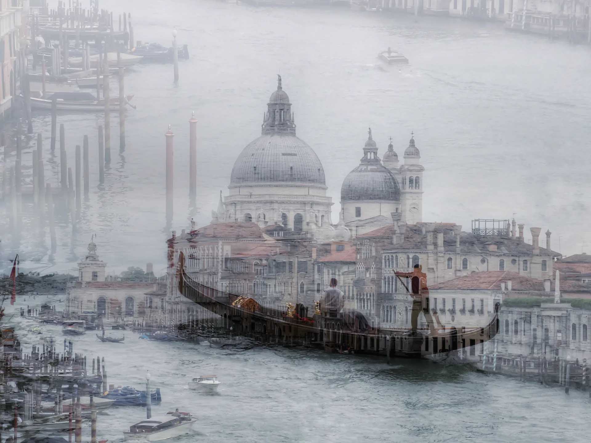 Multiple exposures blend Venice’s Grand Canal, boats, waterfront buildings and domed Santa Maria della Salute into a misty layered cityscape.