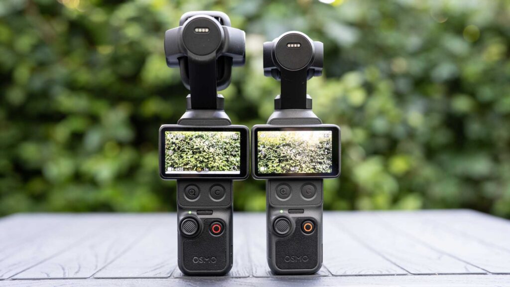 The DJI Osmo Pocket 4P (left) and the DJI Osmo Pocket 4 (right) standing side by side on a table, viewed from the rear with their screens displaying the same hedge.