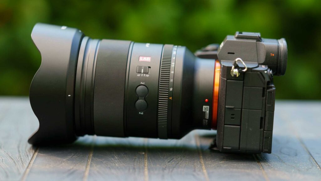 Side profile of the Viltrox AF 35mm F1.2 LAB FE on a Sony camera, showing the AF/MF switch, function buttons and aperture ring.