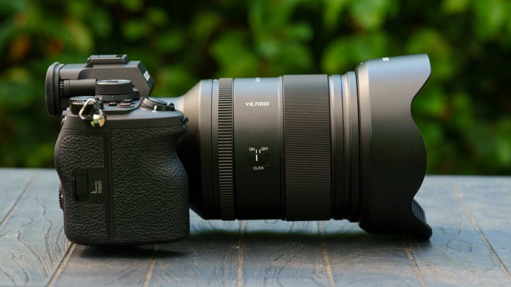 side view of the Viltrox AF 35mm F1.2 LAB FE mounted on a Sony A7R VI showing the Viltrox branding and aperture click switch.