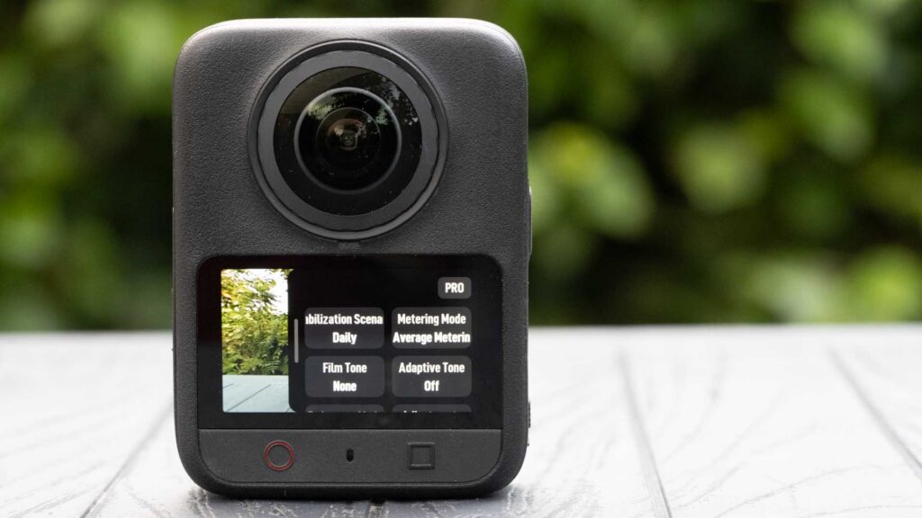 DJI Osmo 360 II touchscreen displaying Pro settings including Stabilization Scene, Metering Mode, Film Tone and Adaptive Tone.