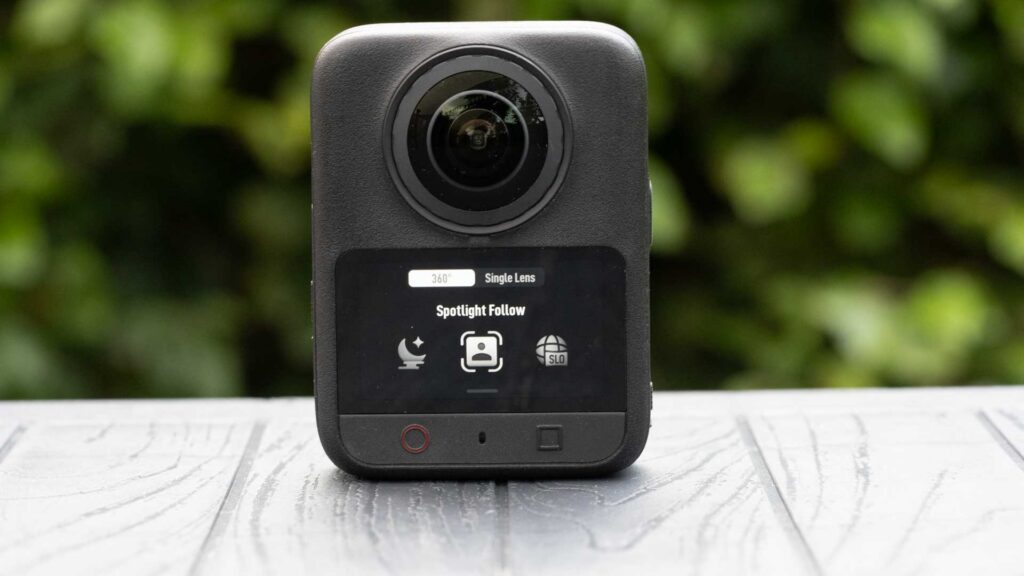 DJI Osmo 360 II touchscreen showing 360-degree mode with Spotlight Follow selected.