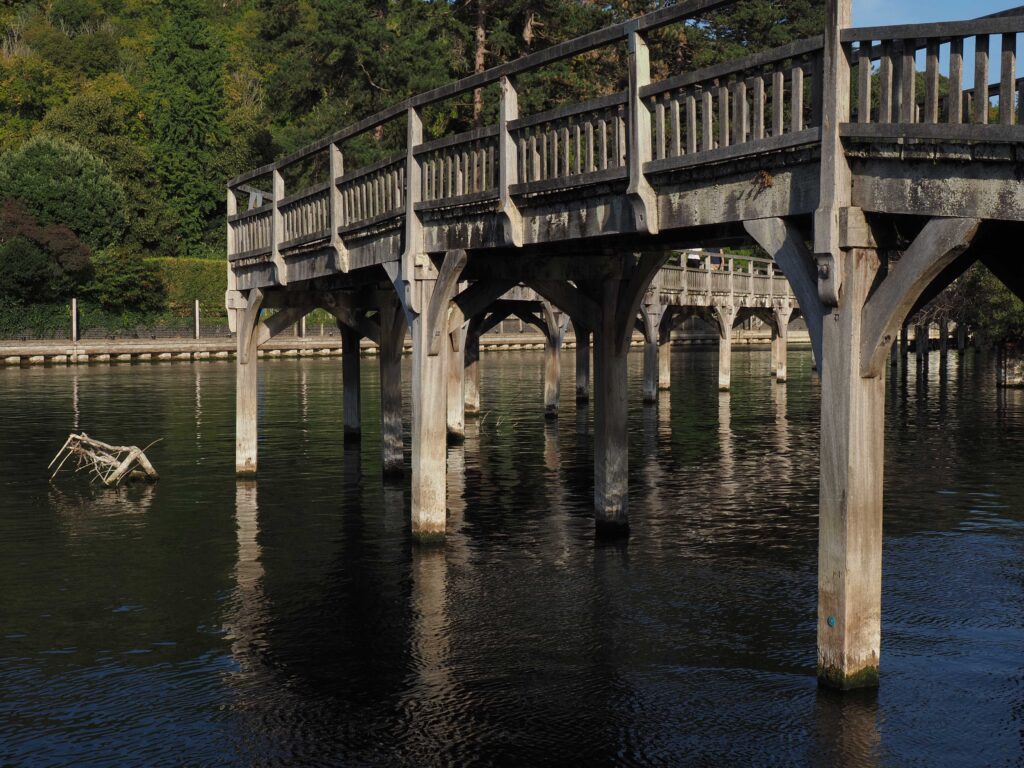 Weathered wooden footbridge crossing calm water, with its supporting posts reflected below and dense green woodland behind.