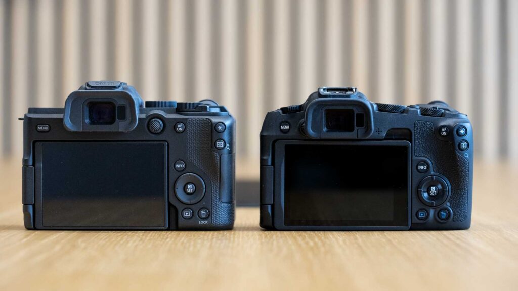 Rear comparison of the Canon EOS R8 II on the left and EOS R8 on the right, showing their screens, viewfinders and rear control layouts.
