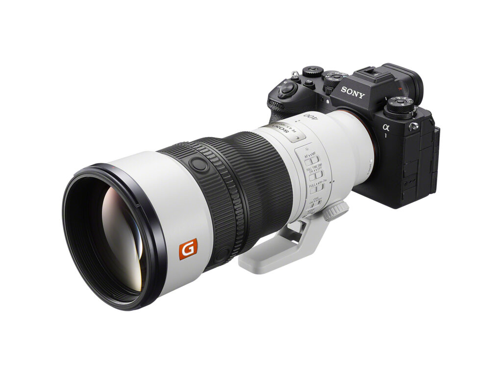 Sony FE 400mm F4.5 GM OSS telephoto lens mounted on a Sony Alpha 1 mirrorless camera, shown at an angle against a white background.