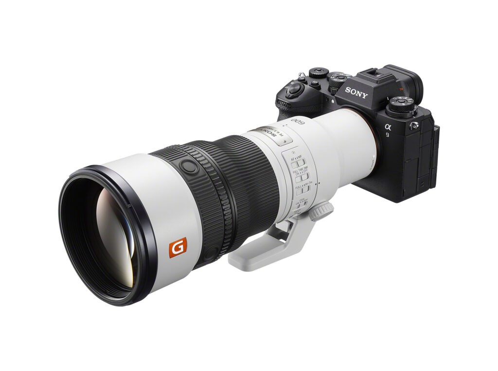 Sony FE 600mm F6.3 GM OSS telephoto lens mounted on a Sony Alpha 9 camera, shown at an angle against a white background.