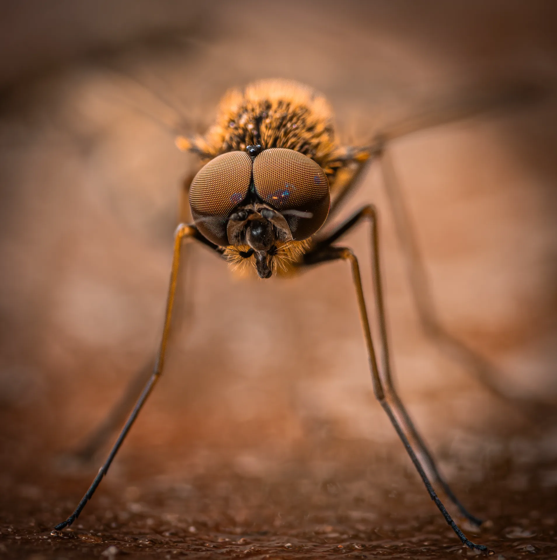 Extreme close-up of a fly facing the camera, showing its large textured compound eyes, mouthparts and long slender legs.