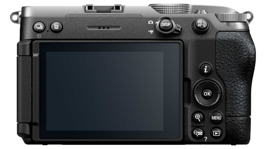 Rear view of the silver Nikon Z5IIC, showing its screen and buttons.