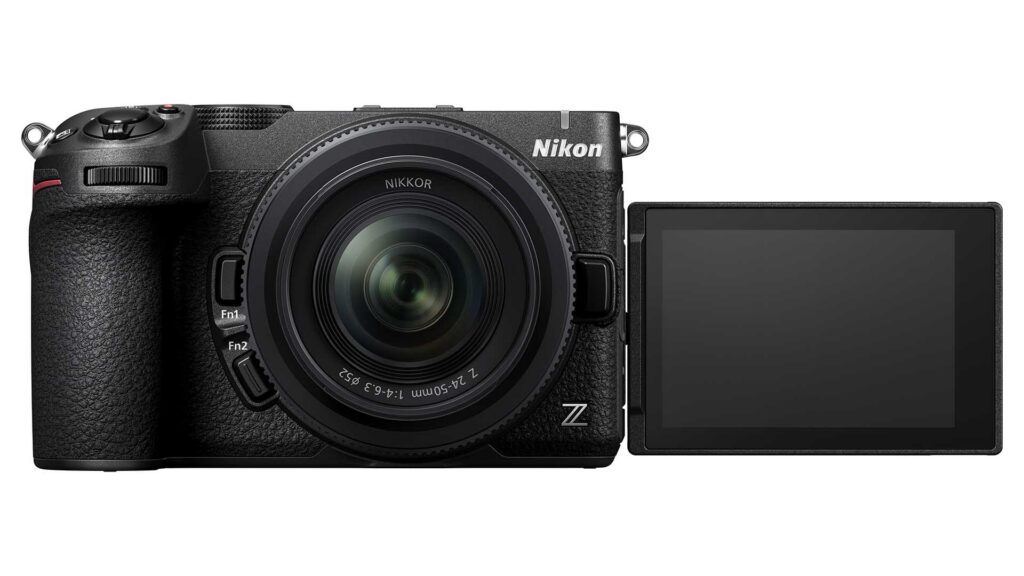Black Nikon Z5IIC with a Nikkor Z 24–50mm f/4–6.3 lens and its screen opened to the side.