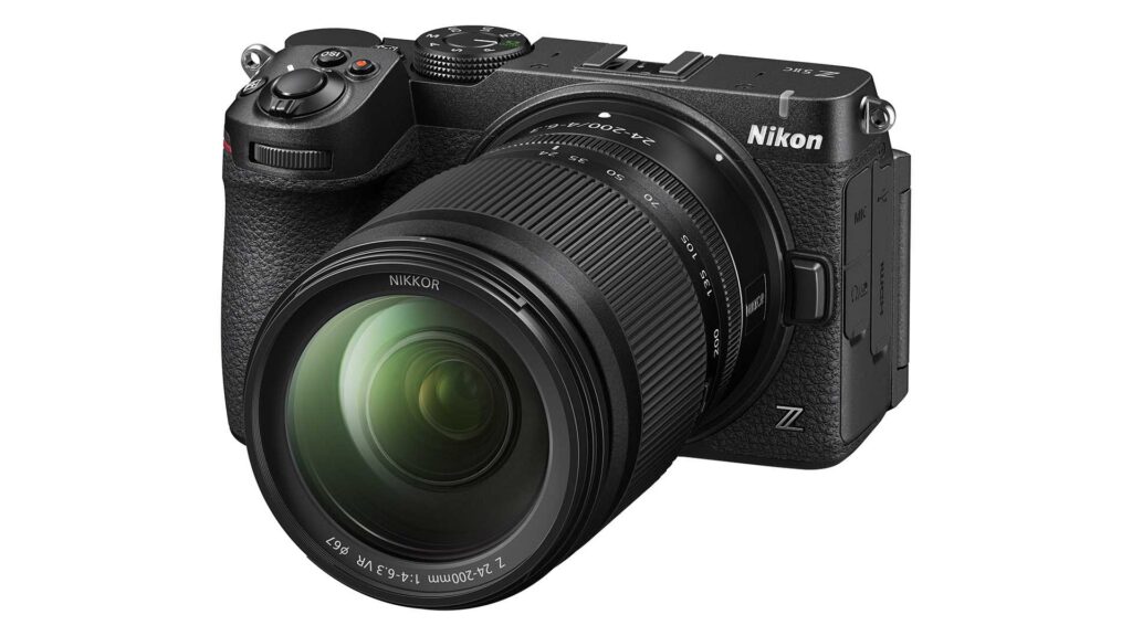 Black Nikon Z5IIC fitted with a Nikkor Z 24–200mm f/4–6.3 lens, viewed from the front at an angle.