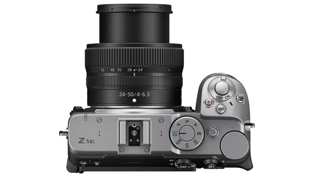 Top view of the silver Nikon Z5IIC with a Nikkor Z 24–50mm f/4–6.3 lens attached.