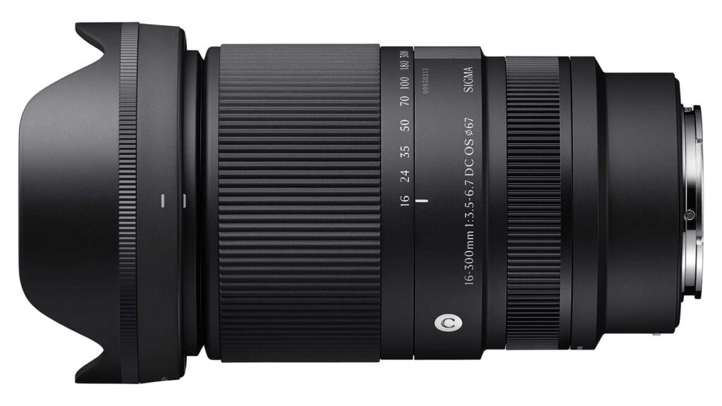 Side view of the Sigma 16-300mm F3.5-6.7 DC OS Contemporary lens with its petal-shaped hood attached, against a white background.