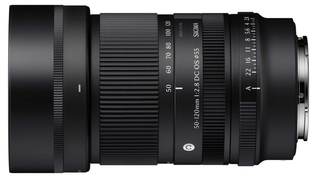 Side view of the Sigma 50-120mm F2.8 DC OS Contemporary lens in Sony E mount, showing its zoom, focus and aperture rings, with the hood attached.
